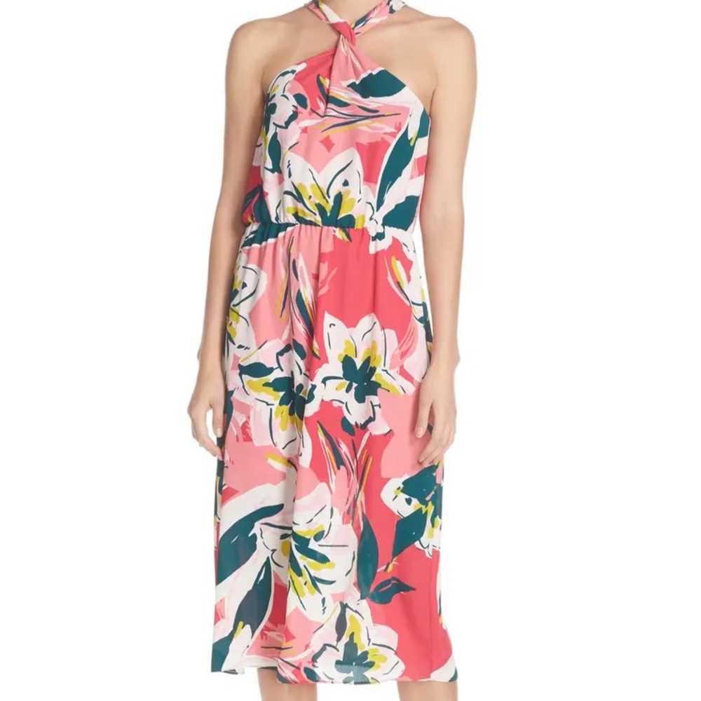 Charles Henry Twist Neck Floral Midi Dress